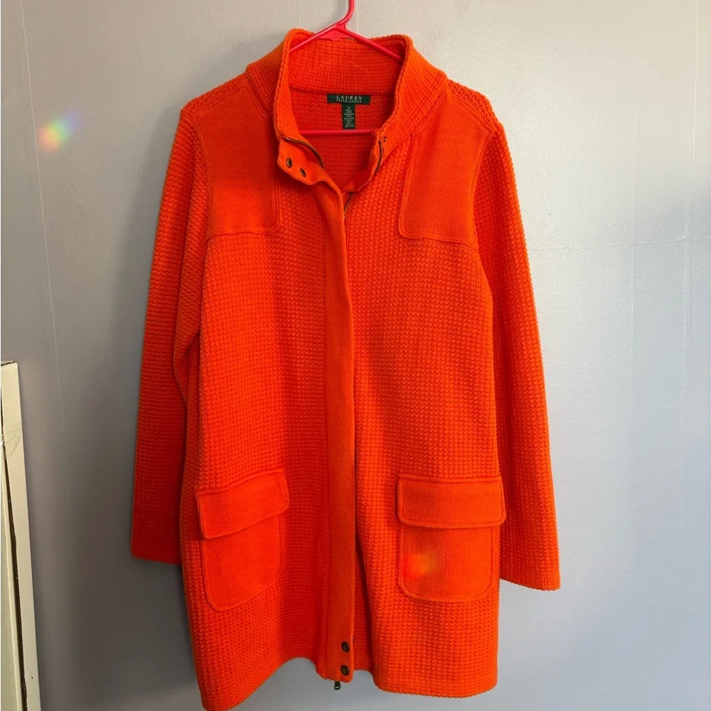 Lauren Ralph Lauren Womens Knit Sweater Coat Orange size 1X Full Zip‎ Button